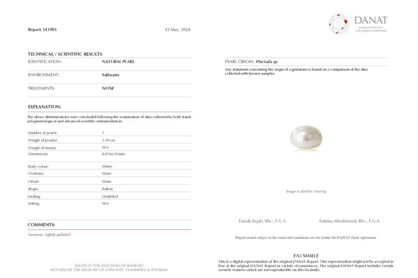 DANAT | The Bahrain Institute for Pearls and Gemstones Report for 3.49 cts Natural Pearl (Moti)