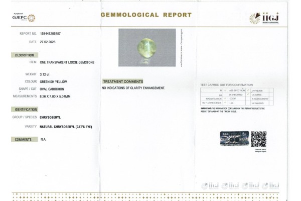 IIGJ Research & Laboratories | GJEPC Report for 3.12 cts Natural Cats Eye (Lehsunia)