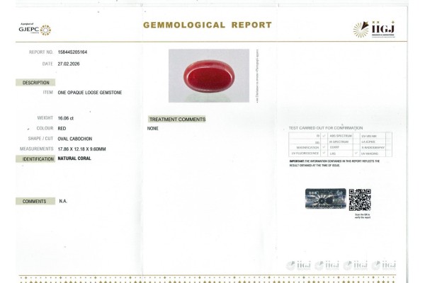 IIGJ Research & Laboratories | GJEPC Report for 16.06 cts Natural Coral (Moonga)
