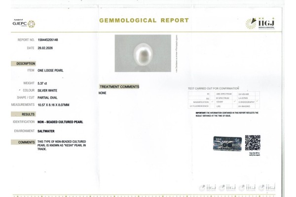 IIGJ Research & Laboratories | GJEPC Report for 5.37 cts Cultured Pearl (Moti)