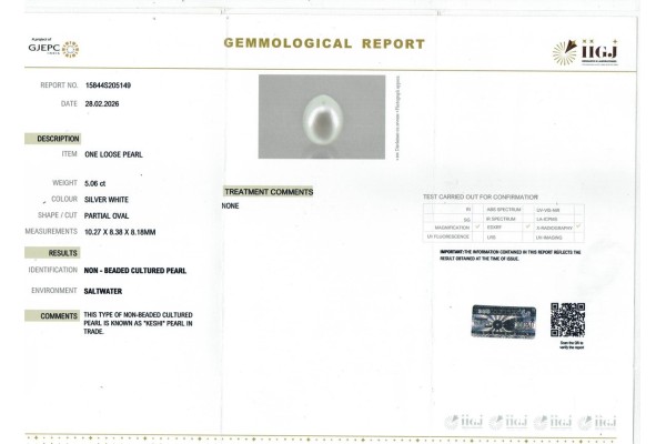 IIGJ Research & Laboratories | GJEPC Report for 5.06 cts Cultured Pearl (Moti)