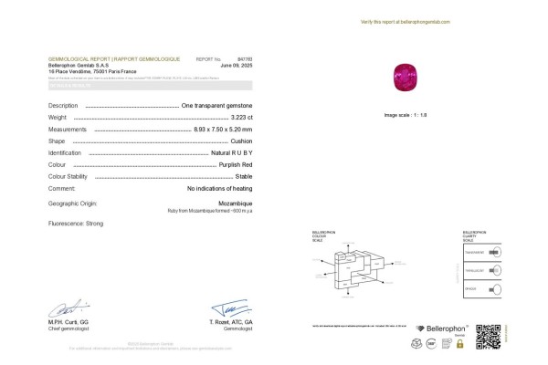 Bellerophon Gem Lab Report for 3.22 cts Unheated Natural Ruby - Mozambique (Manikya)