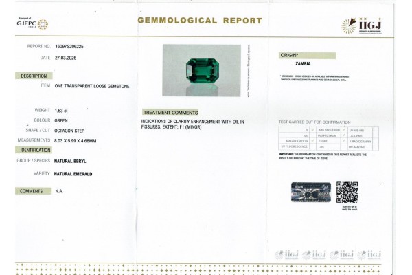 IIGJ Research & Laboratories | GJEPC Report for 1.53 cts Natural Emerald - Zambia (Panna)
