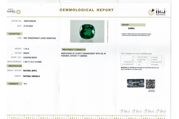 IIGJ Research & Laboratories | GJEPC Report for 1.7 cts Natural Emerald - Zambia (Panna)
