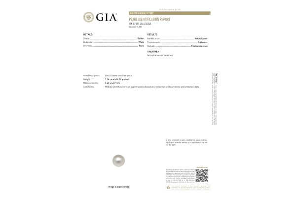 Gemological Institute of America Report for 1.14 cts Natural Pearl (Moti)