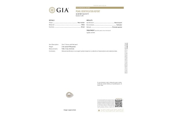 Gemological Institute of America Report for 2.46 cts Natural Pearl (Moti)