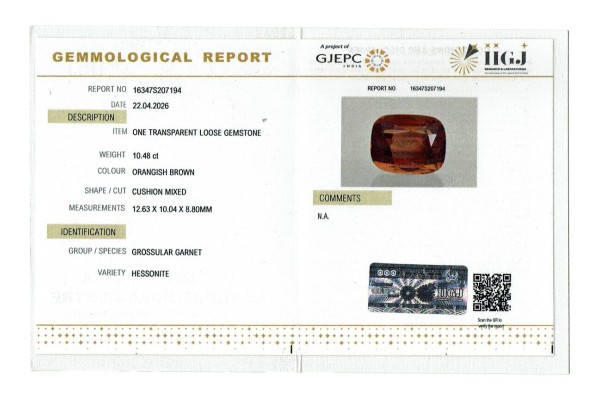 IIGJ Research & Laboratories | GJEPC Report for 10.48 cts Natural Hessonite Garnet (Gomedh)
