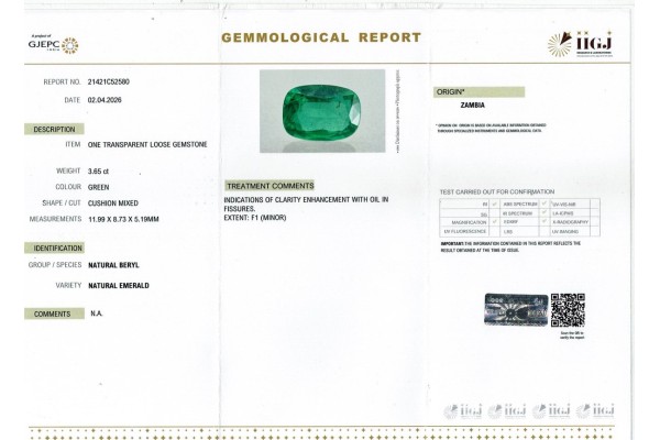 IIGJ Research & Laboratories | GJEPC Report for 3.65 cts Natural Emerald - Zambia (Panna)