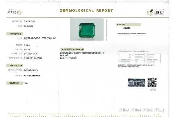 IIGJ Research & Laboratories | GJEPC Report for 3.45 cts Natural Emerald - Zambia (Panna)