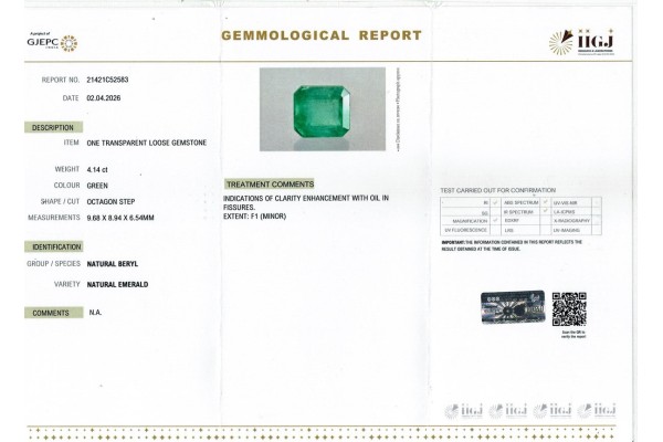 IIGJ Research & Laboratories | GJEPC Report for 4.14 cts Natural Emerald (Panna)