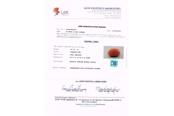 Gem Testing Laboratory | GJEPC Report for 36.77 cts Natural Coral (Moonga)