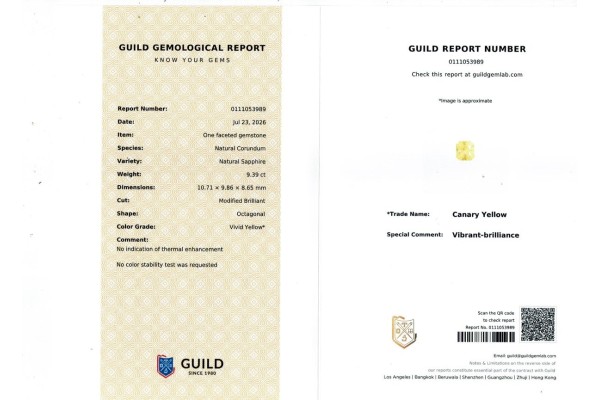 Guild Gem Lab Report for 9.39 cts Unheated Natural Yellow Sapphire (Pukhraj)