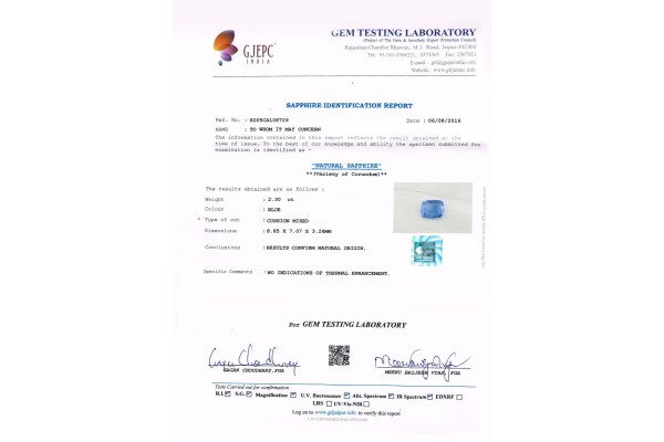 Gem Testing Laboratory | GJEPC Report for 2.3 cts Unheated Natural Blue Sapphire (Neelam)