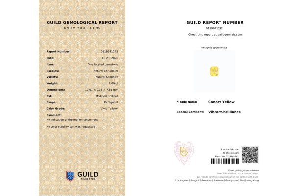 Guild Gem Lab Report for 7.6 cts Unheated Natural Yellow Sapphire (Pukhraj)