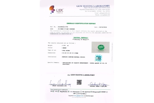 Gem Testing Laboratory | GJEPC Report for 4.01 cts Natural Emerald (Panna)