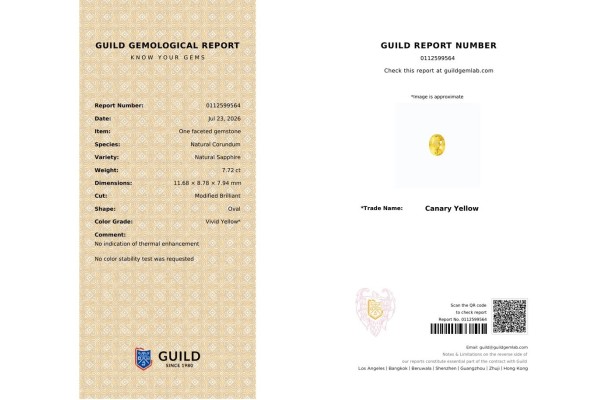 Guild Gem Lab Report for 7.72 cts Unheated Natural Yellow Sapphire (Pukhraj)