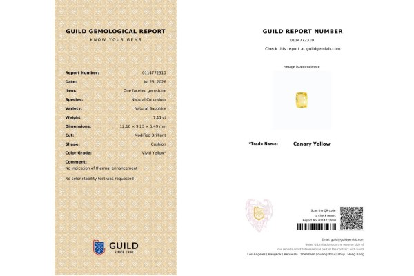 Guild Gem Lab Report for 7.11 cts Unheated Natural Yellow Sapphire (Pukhraj)