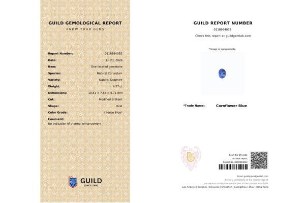 Guild Gem Lab Report for 4.57 cts Unheated Natural Blue Sapphire (Neelam)