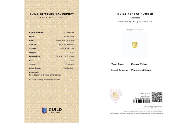 Guild Gem Lab Report for 7.21 cts Unheated Natural Yellow Sapphire (Pukhraj)