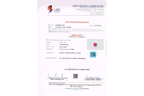 Gem Testing Laboratory | GJEPC Report for 2.17 cts Unheated Natural Ruby (Manikya)