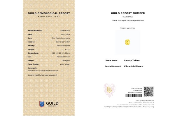Guild Gem Lab Report for 6.51 cts Unheated Natural Yellow Sapphire (Pukhraj)