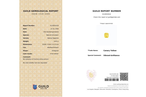 Guild Gem Lab Report for 6.62 cts Unheated Natural Yellow Sapphire (Pukhraj)