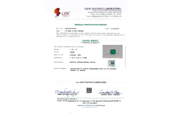 Gem Testing Laboratory | GJEPC Report for 2.78 cts Natural Emerald (Panna) - Earring Pair