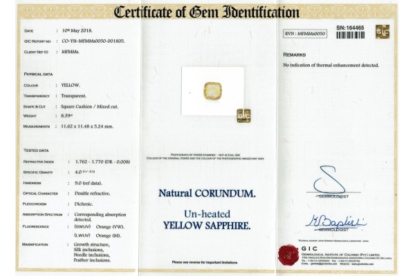 Gemmological Institute of Colombo Report for 8.39 cts Unheated Natural Yellow Sapphire (Pukhraj)