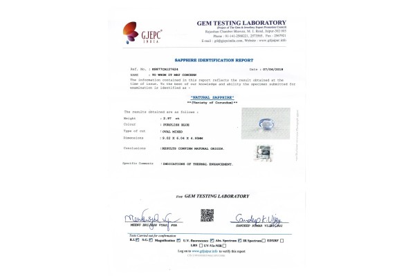Gem Testing Laboratory | GJEPC Report for 2.97 cts Natural Blue Sapphire (Neelam)