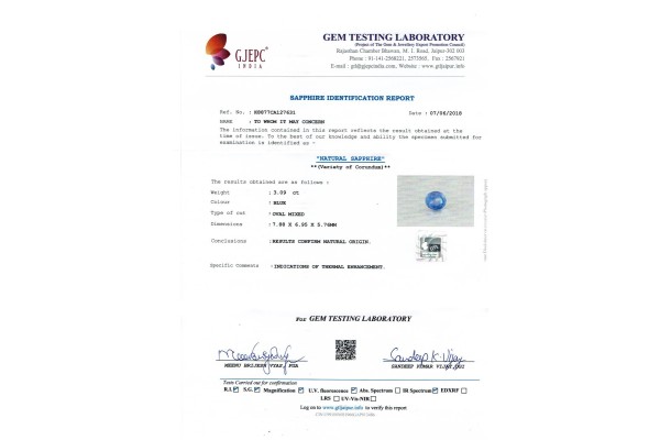 Gem Testing Laboratory | GJEPC Report for 3.09 cts Natural Blue Sapphire (Neelam)