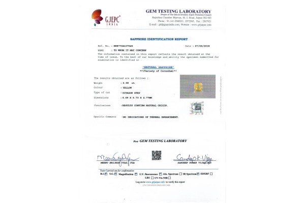 Gem Testing Laboratory | GJEPC Report for 2.08 cts Unheated Natural Yellow Sapphire (Pukhraj)