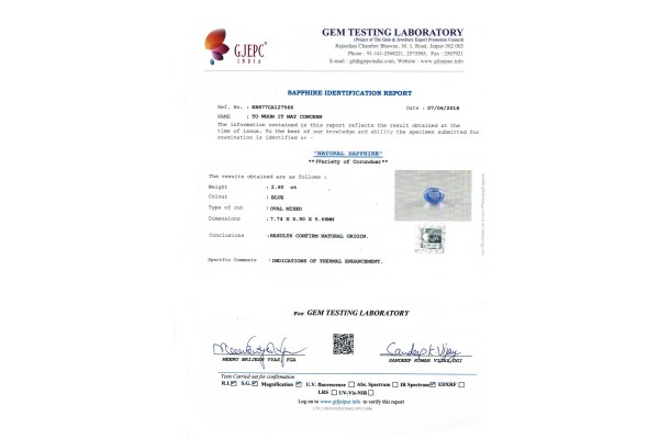 Gem Testing Laboratory | GJEPC Report for 2.6 cts Natural Blue Sapphire (Neelam)