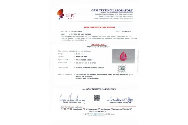 Gem Testing Laboratory | GJEPC Report for 2 cts Natural Ruby (Manikya)