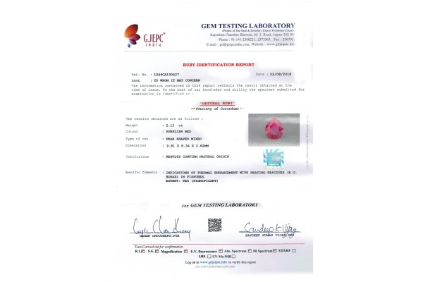 Gem Testing Laboratory | GJEPC Report for 2.12 cts Natural Ruby (Manikya)