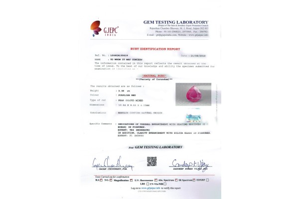 Gem Testing Laboratory | GJEPC Report for 3.38 cts Natural Ruby (Manikya)