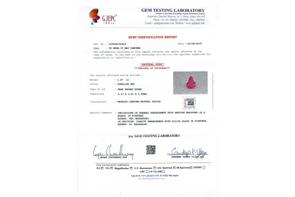 Gem Testing Laboratory | GJEPC Report for 1.87 cts Natural Ruby (Manikya)