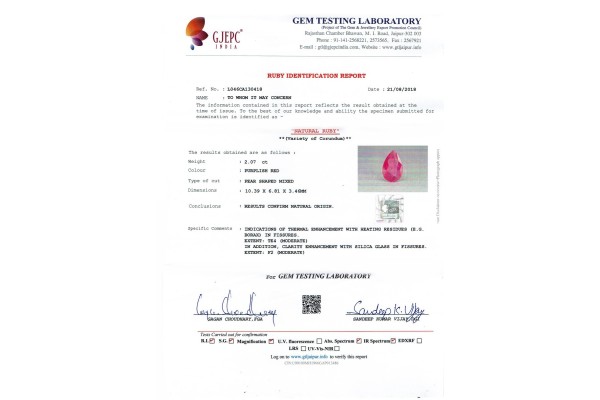 Gem Testing Laboratory | GJEPC Report for 2.07 cts Natural Ruby (Manikya)