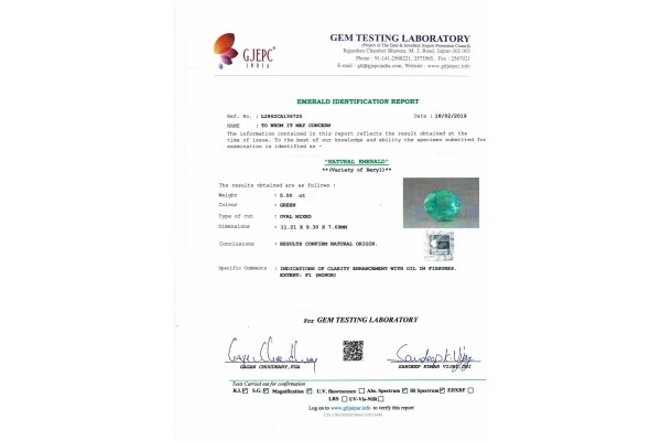 Gem Testing Laboratory | GJEPC Report for 5 cts Natural Emerald (Panna)