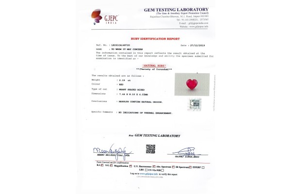 Gem Testing Laboratory | GJEPC Report for 2.19 cts Unheated Natural Ruby (Manikya)