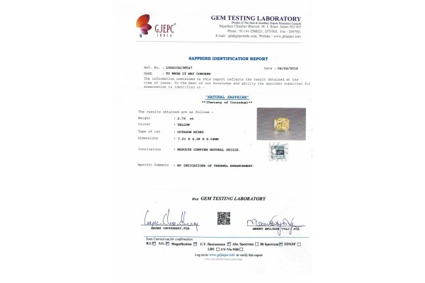 Gem Testing Laboratory | GJEPC Report for 2.73 cts Unheated Natural Yellow Sapphire (Pukhraj)