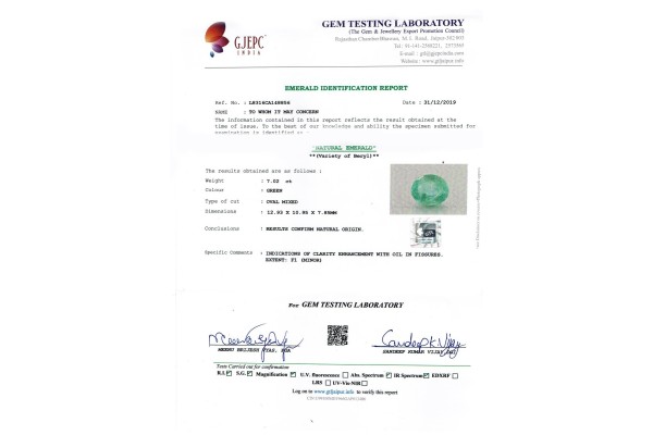 Gem Testing Laboratory | GJEPC Report for 7.02 cts Natural Emerald (Panna)