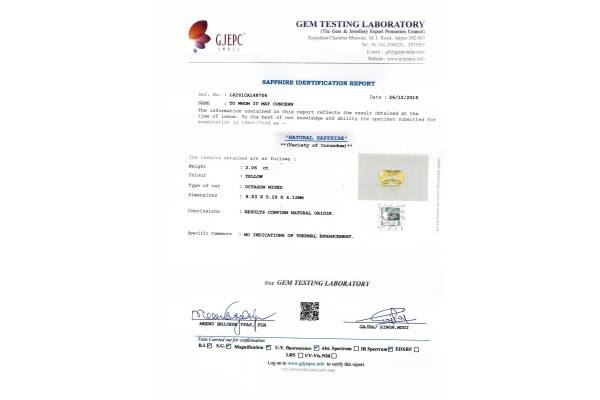 Gem Testing Laboratory | GJEPC Report for 2.06 cts Unheated Natural Yellow Sapphire (Pukhraj)