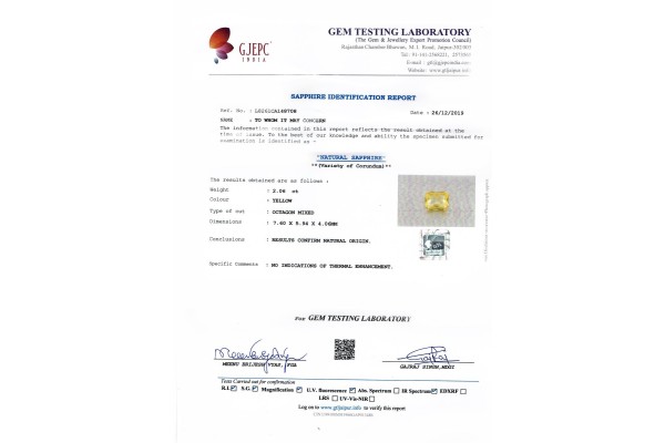 Gem Testing Laboratory | GJEPC Report for 2.06 cts Unheated Natural Yellow Sapphire (Pukhraj)