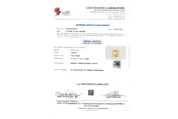 Gem Testing Laboratory | GJEPC Report for 2.29 cts Unheated Natural Yellow Sapphire (Pukhraj)