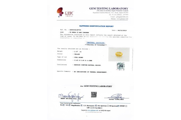 Gem Testing Laboratory | GJEPC Report for 2.07 cts Unheated Natural Yellow Sapphire (Pukhraj)
