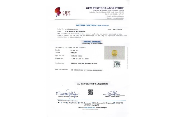 Gem Testing Laboratory | GJEPC Report for 2.06 cts Unheated Natural Yellow Sapphire (Pukhraj)