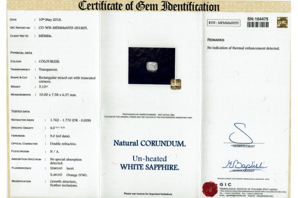 Gemmological Institute of Colombo Report for 5.12 cts Unheated Natural White Sapphire (White Pukhraj)
