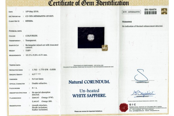 Gemmological Institute of Colombo Report for 5.8 cts Unheated Natural White Sapphire (White Pukhraj)