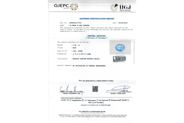 IIGJ Research & Laboratories | GJEPC Report for 2.99 cts Unheated Natural Blue Sapphire (Neelam)
