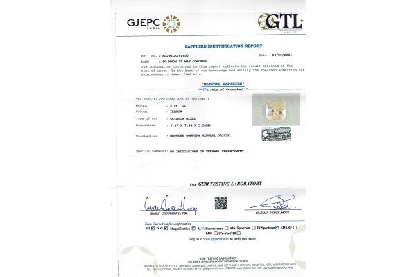 Gem Testing Laboratory | GJEPC Report for 3.06 cts Unheated Natural Yellow Sapphire (Pukhraj)